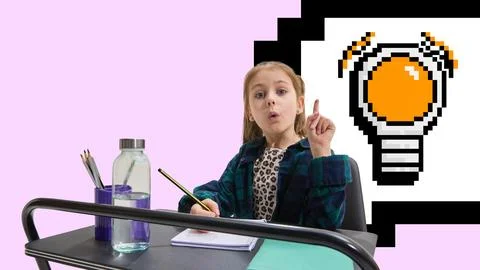 Back-to-school surreal collage with student girl and pixel lightbulb idea Stock Photos