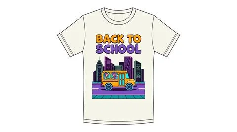 Back to school t shirt design with school bus and cityscape t shirt buildings Stock Illustration