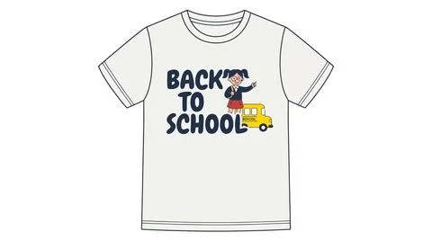 Back to school t shirt design with cartoon girl and yellow bus illustration Stock Illustration