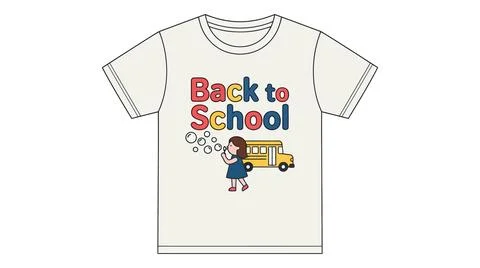 Back to school t shirt design with cartoon girl blowing bubbles and bus Stock Illustration