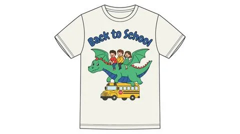 Back to school t shirt design with kids riding a green dragon and school bus Stock Illustration