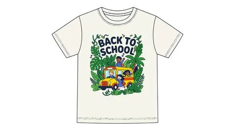 Back to school t shirt design with yellow bus and jungle foliage illustration Stock Illustration