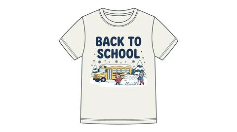 Back to school t shirt design with yellow bus and happy students Stock Illustration