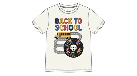 Back to school t shirt design with yellow bus and musical vinyl record graphi Stock Illustration