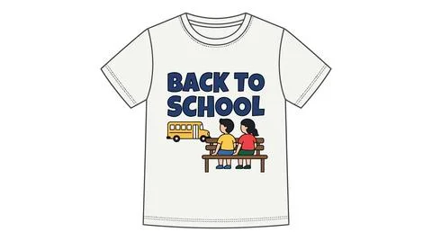 Back to school t shirt design with students sitting on a bench near bus Stock Illustration
