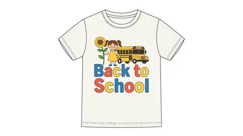 Back to school t shirt featuring girl student and yellow bus, sunflower Stock Illustration