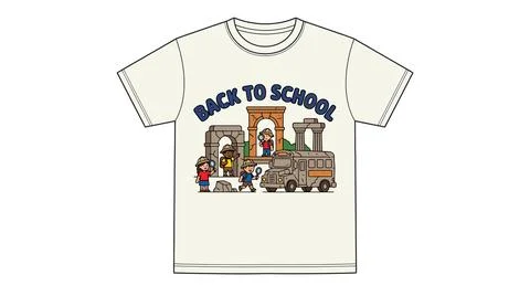 Back to school t shirt featuring ancient architecture and school bus, clothin Stock Illustration