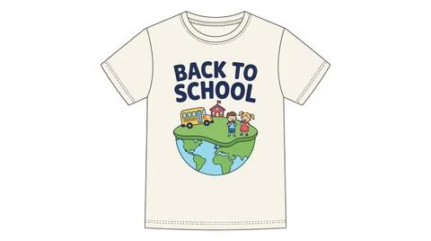 Back to school t shirt with globe and school bus illustration, clothing Stock Illustration