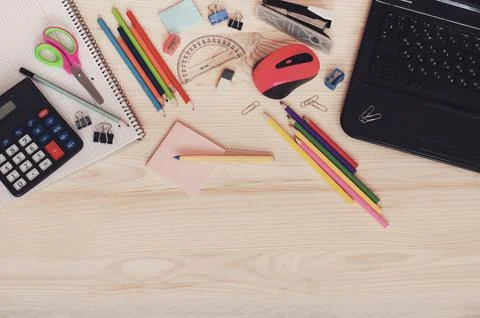 Back to school, on the table are school supplies with space for text Stock Photos