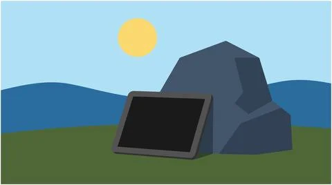 Back to School Tablet computer leaning against a rock in sunny landscape wi.. Stock Illustration