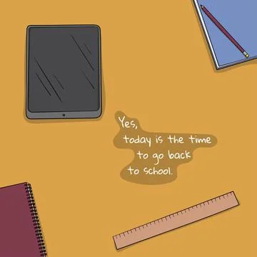 Back to school. Tablet, notebook, book and ruler in cartoon design for back.. Stock Illustration