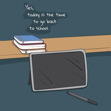 Back to school. tablet with the pen and books on the shelf in cartoon desig.. Stock Illustration