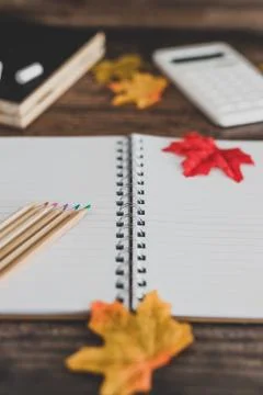 Back to school tabletop arrangement with coloured pencils notepad and mixed s Stock Photos
