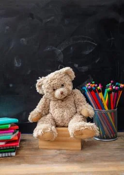 Back to school. Teddy bear and colorful pencils and notebooks on blackboard b Stock Photos