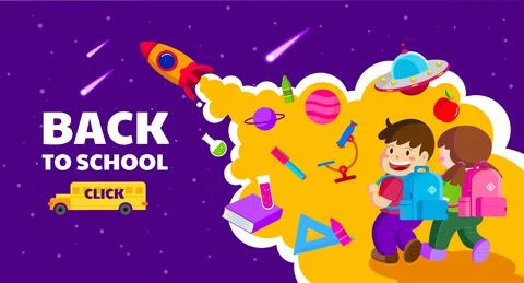 Back to school, template banner, bag , kids concept , school bus, vector illu Stock Illustration