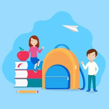 Back to school template with boy and girl studentand school supplies vector. Stock Illustration