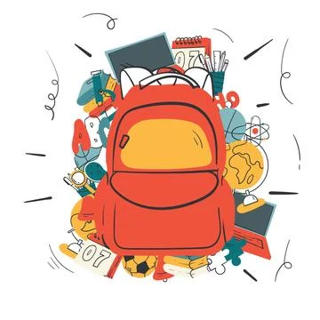 Back to school template design with the backpack and stationery colorful ic.. Stock Illustration