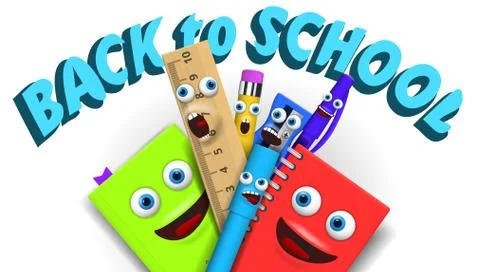 Back to school Template With Funny Cartoon Stationery Stock Illustration