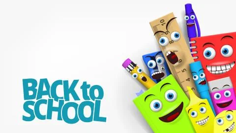 Back to school Template With Funny Cartoon Stationery Stockillustratie
