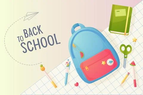 Back to school. Template, poster banner. Cartoon backpack and school suppli.. Stock Illustration