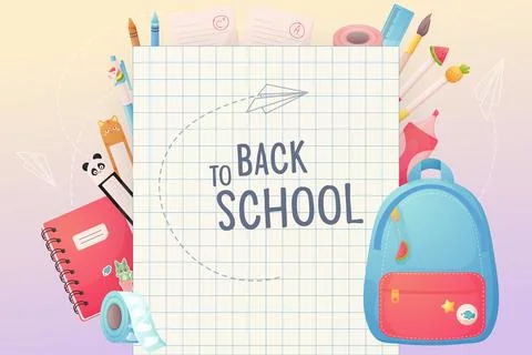 Back to school. Template, poster banner. Cartoon backpack and school suppli.. Stock Illustration