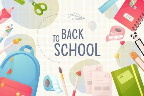 Back to school. Template, poster banner. Cartoon backpack and school suppli.. Stock Illustration