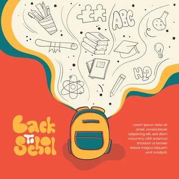 Back to school template with stationery icon out of the backpack in line ar.. Stock Illustration