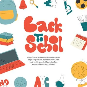 Back to school template with typography and colorful stationery icon design Illustrazione stock