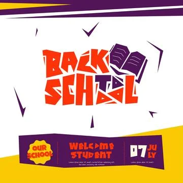 Back to school template with typography and flat open book in white purple .. Stock Illustration