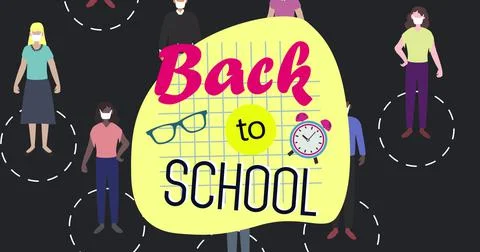 Back to school text against multiple people icons standing on circles Illustrazione stock