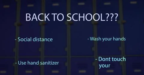 Back to school text and coronavirus concept texts against school lockers Stock Illustration