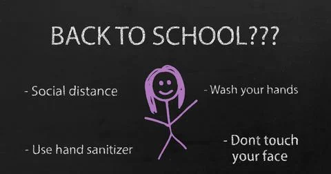 Back to school text and coronavirus concept text against drawing of kid on black Stock Illustration