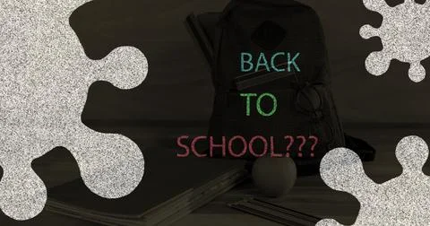Back to school text and Covid-19 cell icons against school bag Stock Illustration