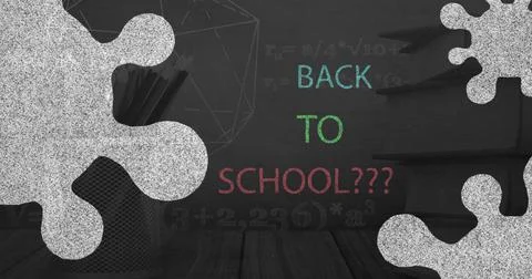 Back to school text and Covid-19 cell icons against stack of books Stock Illustration