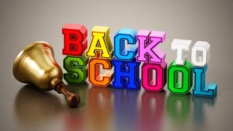 Back to school text and school bell on reflective surface. 3D illustration Stock Illustration