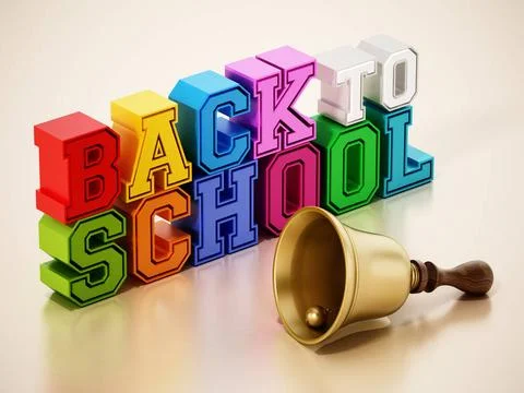 Back to school text and school bell on reflective surface. 3D illustration... Stock Photos