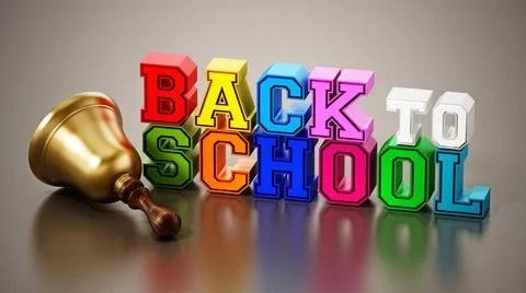 Back to school text and school bell on reflective surface. 3D illustration... 写真素材