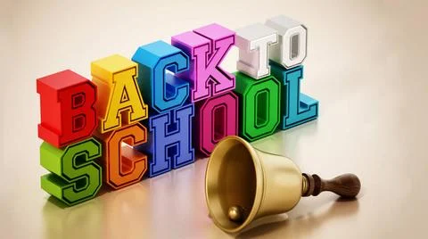 Back to school text and school bell on reflective surface. 3D illustration... Stock Photos