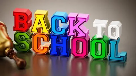 Back to school text and school bell on reflective surface. 3D illustration... Stock Photos