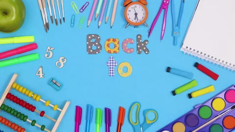 Back to school text appear inside of school stationery frame. Stop motion Stock-Footage 156977620