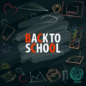 Back to school text in blackboard with school items and elements. 스톡 일러스트
