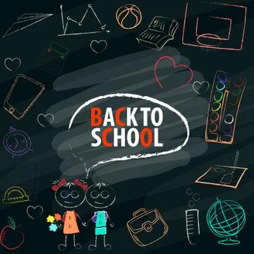 Back to school text in blackboard with school items and elements. Stock Illustration