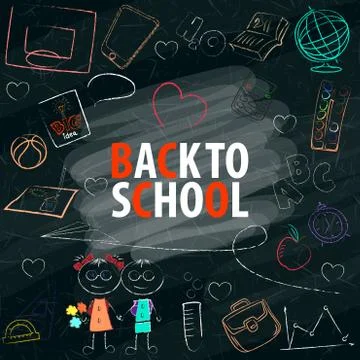 Back to school text in blackboard with school items and elements. Stock Illustration