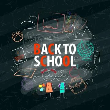 Back to school text in blackboard with school items and elements. 스톡 일러스트