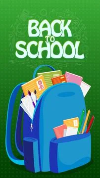 Back to school text. Blue backpack and white pencil elements. Stock Illustration