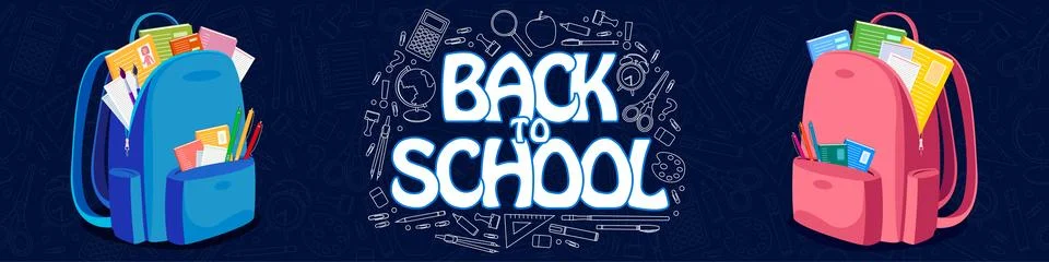 Back to school text. Blue backpack on a dark background 스톡 일러스트