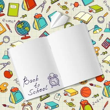 Back to school text in a notebook end  vector doodle Stock Illustration