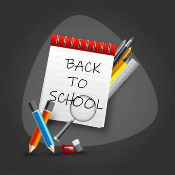 Back To School text on notebook with school supplies elements on dark backg.. Stock Illustration