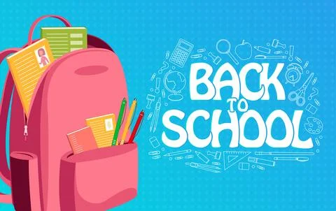 Back to school text. Pink backpack and white pencil elements Illustrazione stock