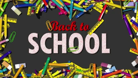 Back to School Text Reveals into Pencil, Eraser, Pin &amp; Scale, 3D Rendering Stock Footage 196599216